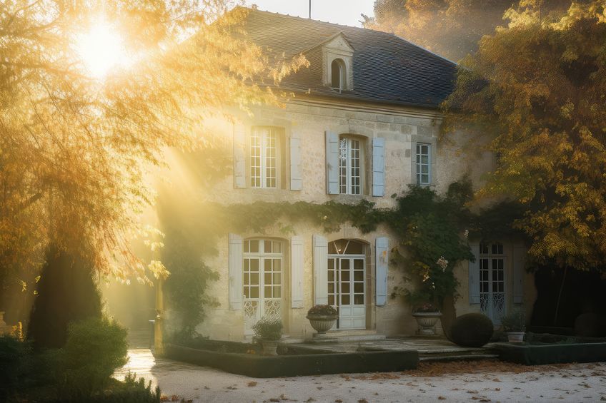 sunlight streaming into french country house, the exterior in warm light, created with generative ai